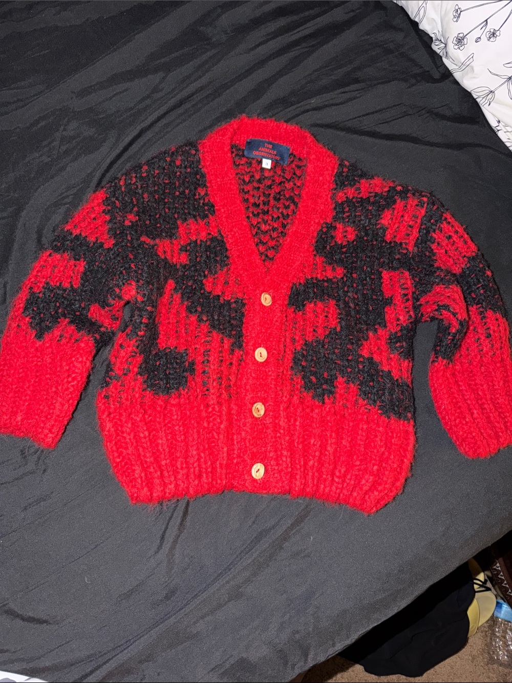 The animals observatory Cozy Red & Black Chunky Knit Cardigan Sweater Size 3